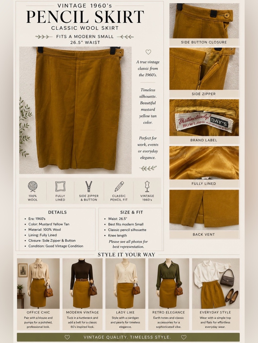 Vintage 1960’s -Bowling uniform by Distinctively Days- Mustard Wool Pencil Skirt